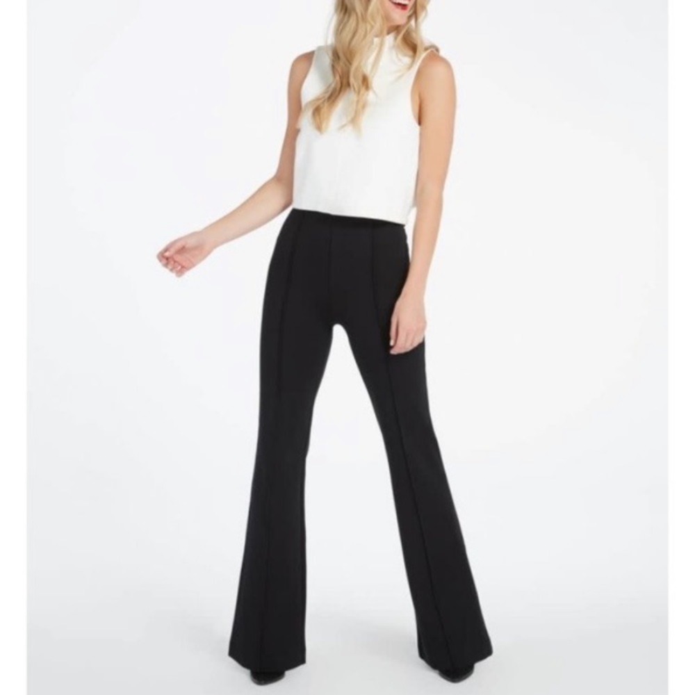 Spanx The Perfect Pant High Rise Wide Leg Flare Middle Seam Black Pull On